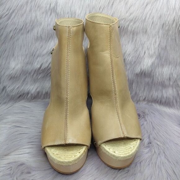 Max Studio Foal Leather Wedge Booties Platform Sandals Womens Size 10 Beige Stud - Picture 3 of 13